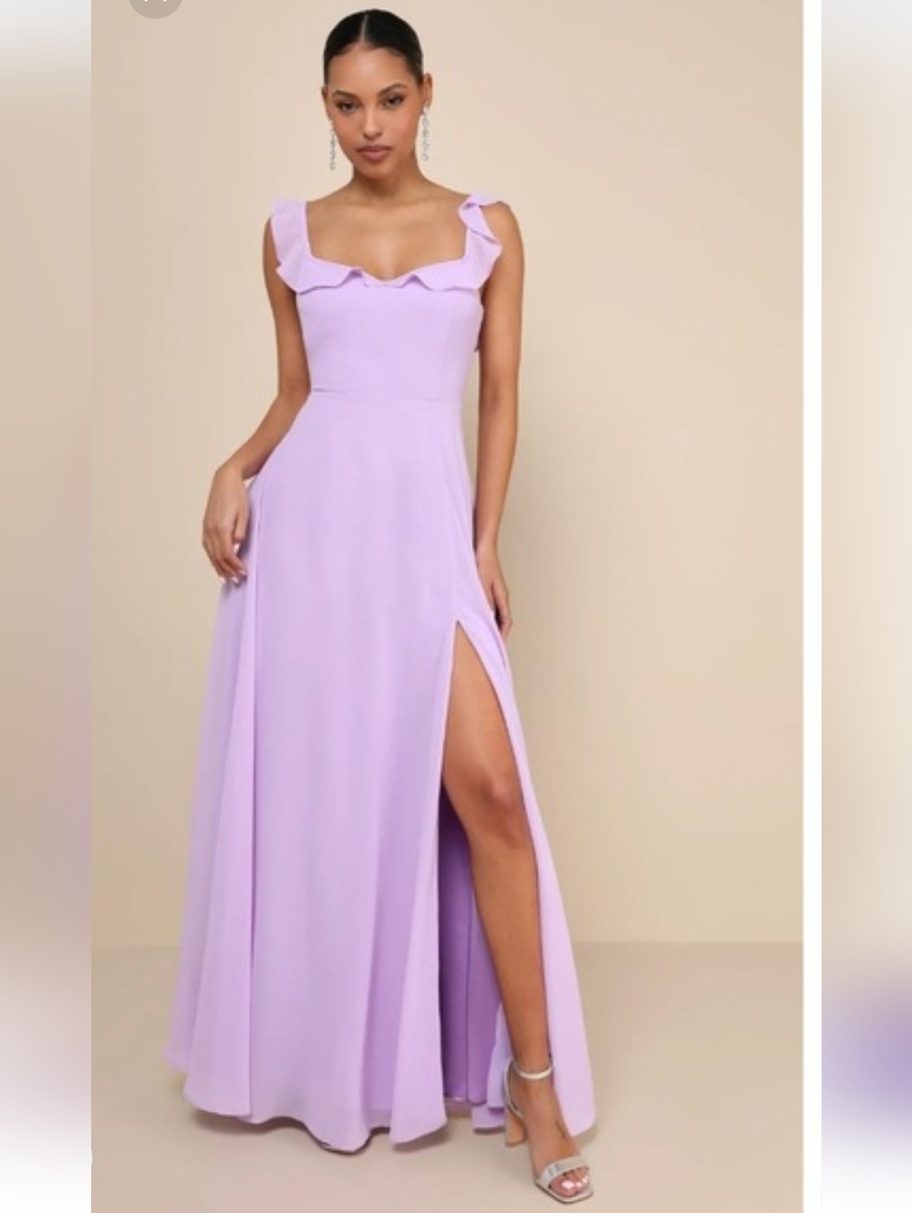 Lilac Ruffle Neck Maxi Dress with Thigh Slit